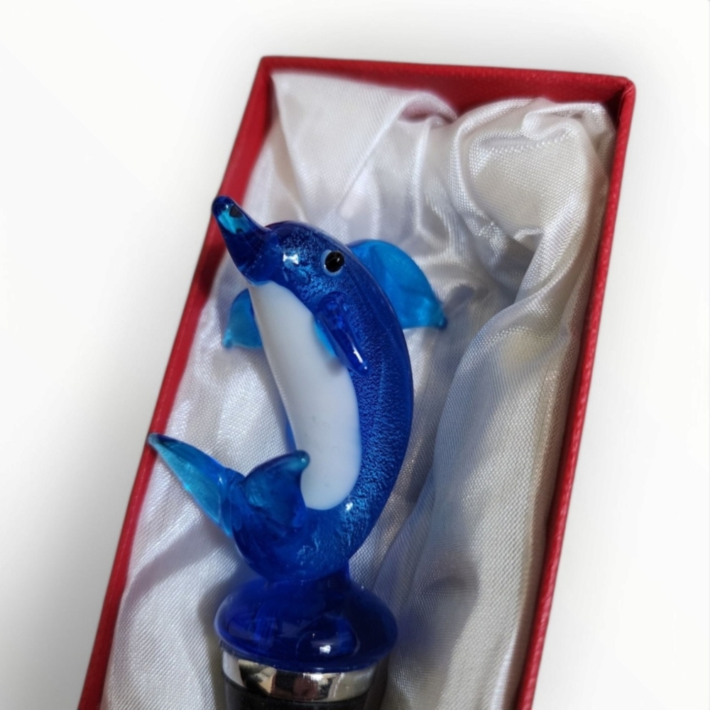 Blown Art Glass Blue Dolphin Wine Bottle Stopper - Picture 8 of 9
